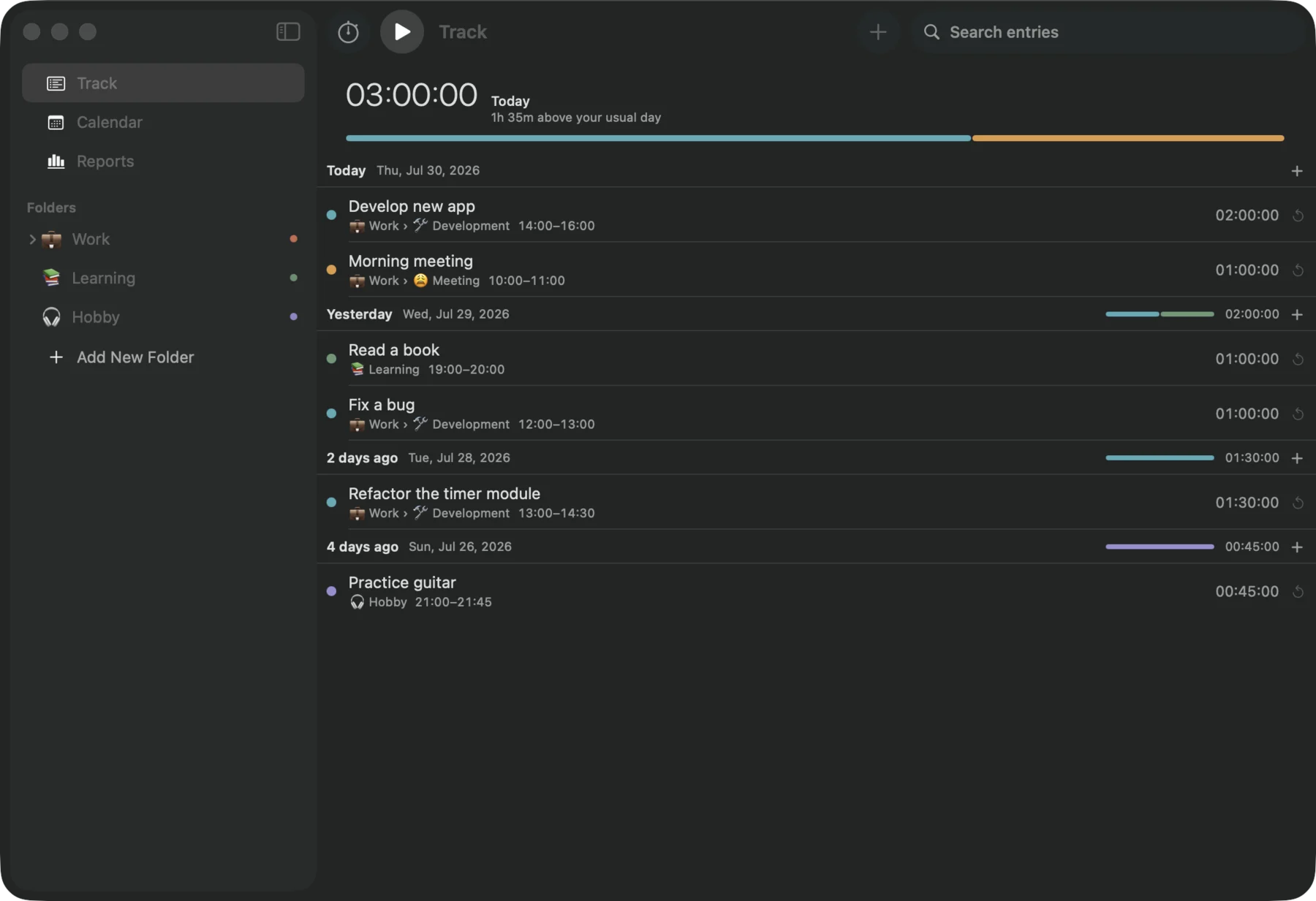 TimesNewRecord on macOS: today's total above time entries grouped by day, with a folder sidebar.